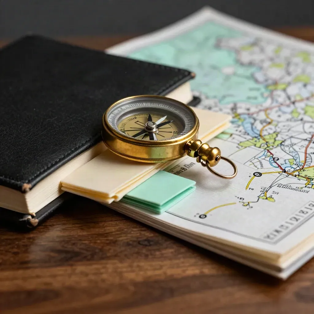 Brass kompas, mintgroene tabs en zwart notitieboek op walnoot, van dichtbij