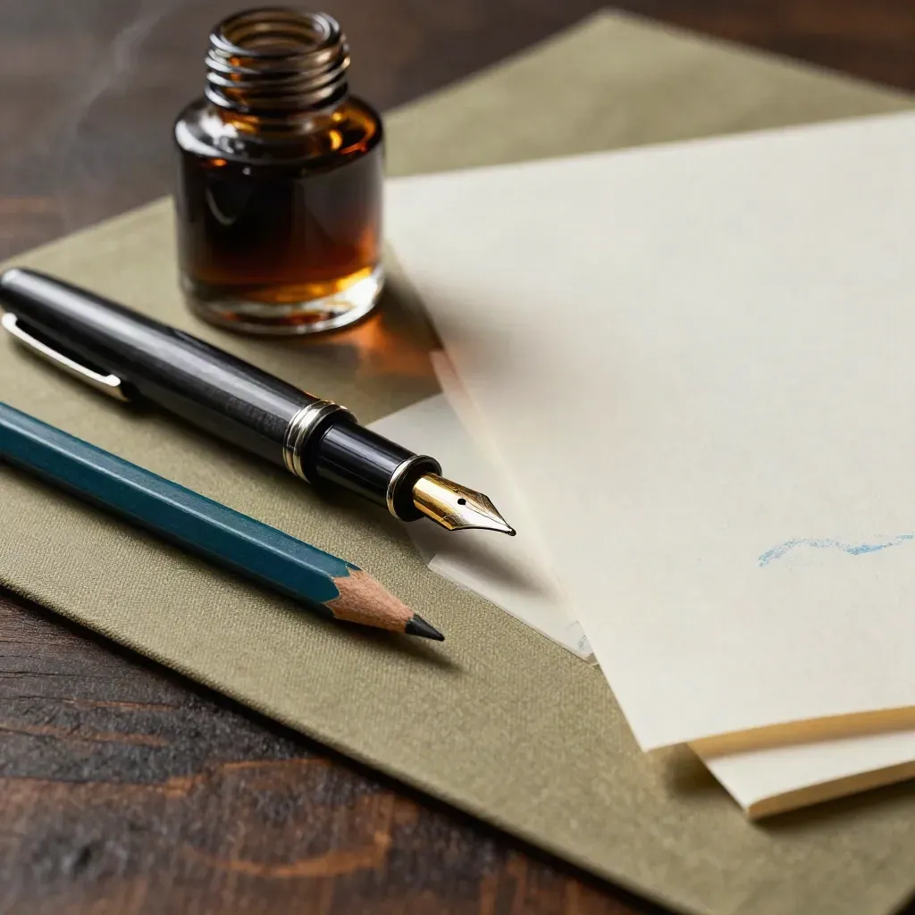 Inktfles, fountain pen, blauw potlood en proefvel op een werkblad met inktnevel.