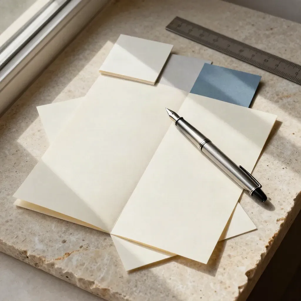 Bovenaanzicht van pen, gevouwen papier en tabbladen op lichte kalksteen.