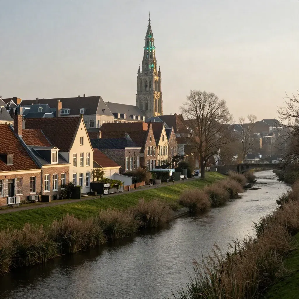 Uitzicht op Utrecht met de Domtoren boven kanaaldaken en een groene oever in zachte avondmist.