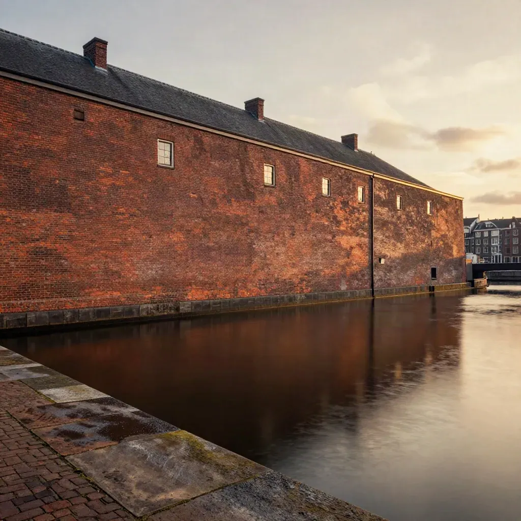 Amsterdamse kade met stil water en hoge skyline in avondmist
